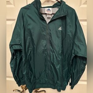 Men’s Medium Adidas Green Windbreaker with Hood (hood cam be tucked away).  EUC